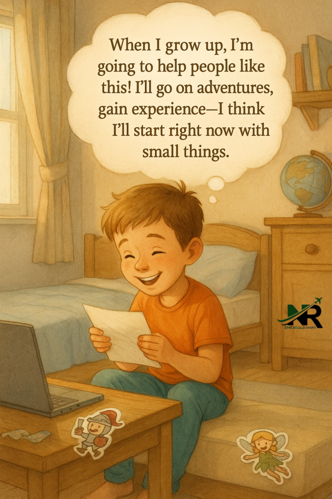 A joyful 8-year-old boy sitting in a neat, well-decorated room, happily reading a personalized letter from Ireland. Colorful stickers beside him, no phone or laptop in sight, as he dreams of helping others and going on adventures.