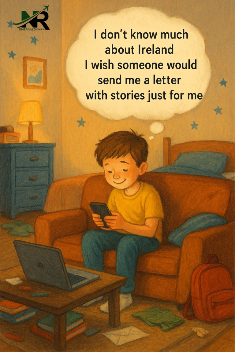 A lonely 8-year-old boy sitting on a sofa in a messy room, scrolling through his phone with a subtle sadness. A thought bubble shows he wishes to receive a magical letter about Ireland, full of unknown facts and adventure.